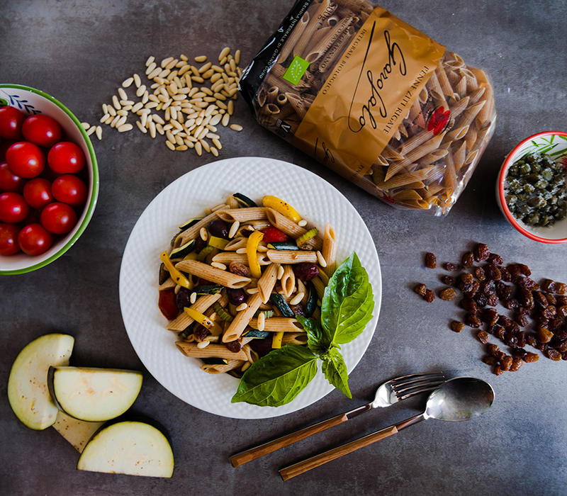 Pasta caponata con verduras