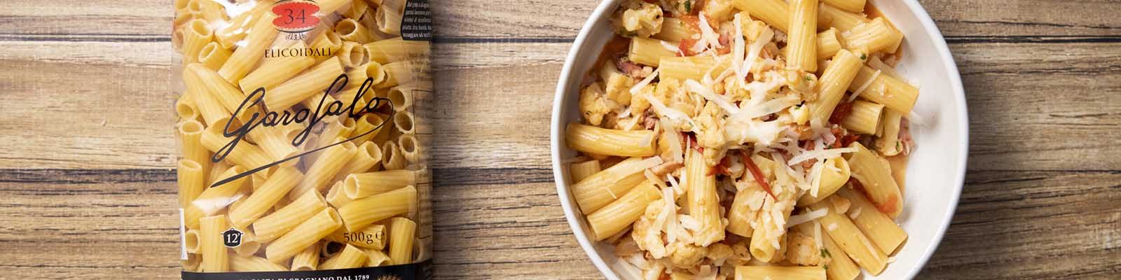 Pasta Garofalo - Elicoidali con coliflor, cherry y panceta: receta deliciosa